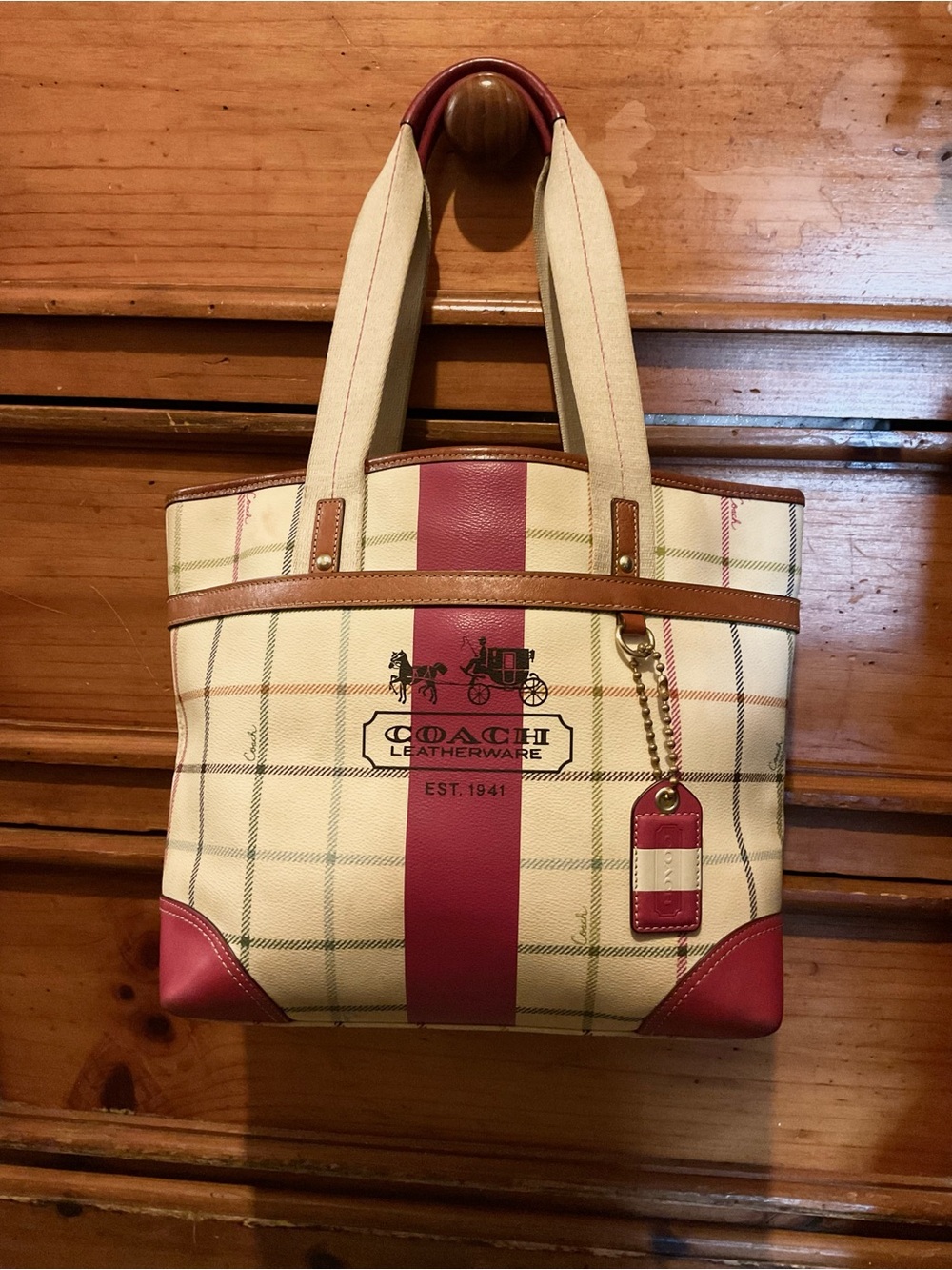 Coach Cream & Pink Leather-Trim Plaid Tote